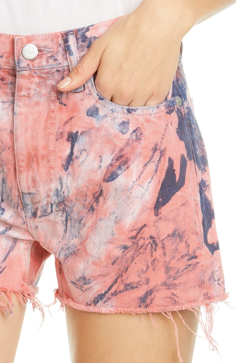 John Elliott Brady Spin Art Tie Dye High Waist Cutoff Denim Shorts, Alternate, color,