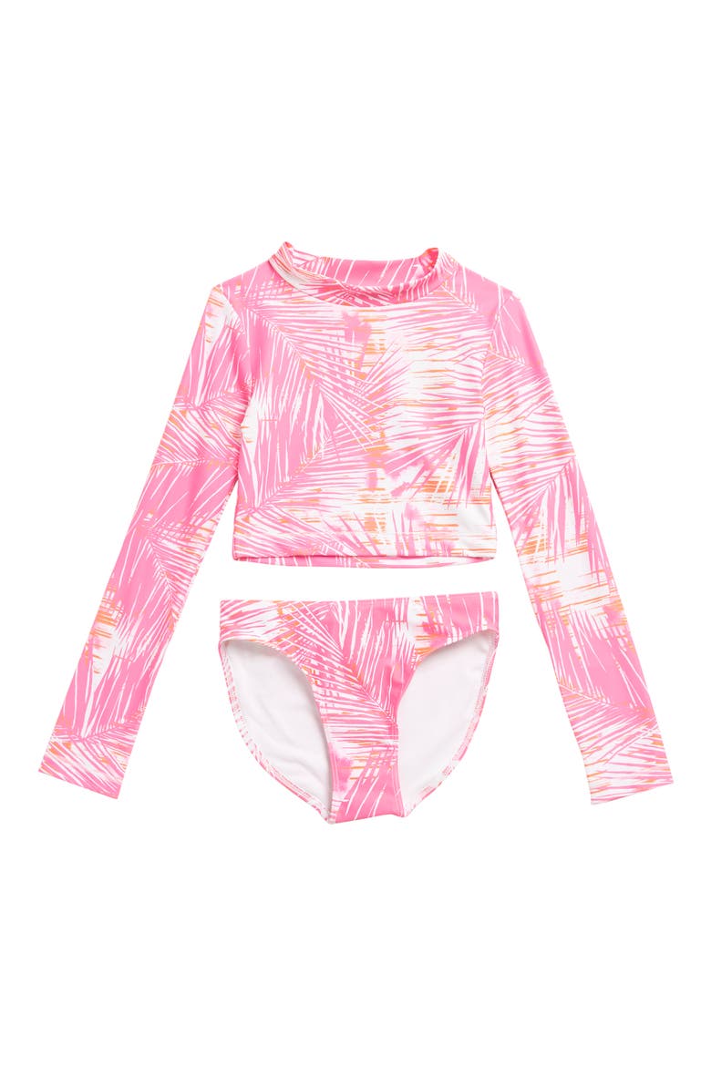 Kids' Cropped Rashguard Set, Main, color, PINK AZALEA PALM LEAF