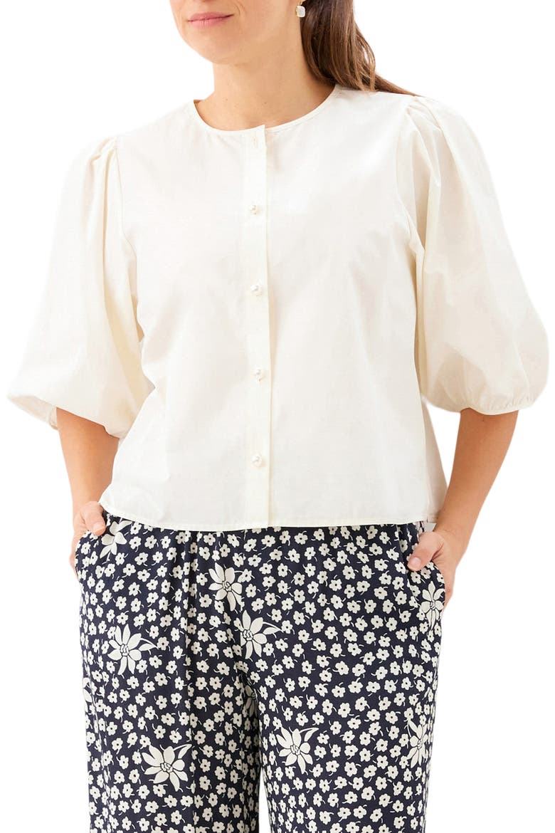 Puff Sleeve Faux Pearl Button Cotton Shirt, Main, color, CREAM