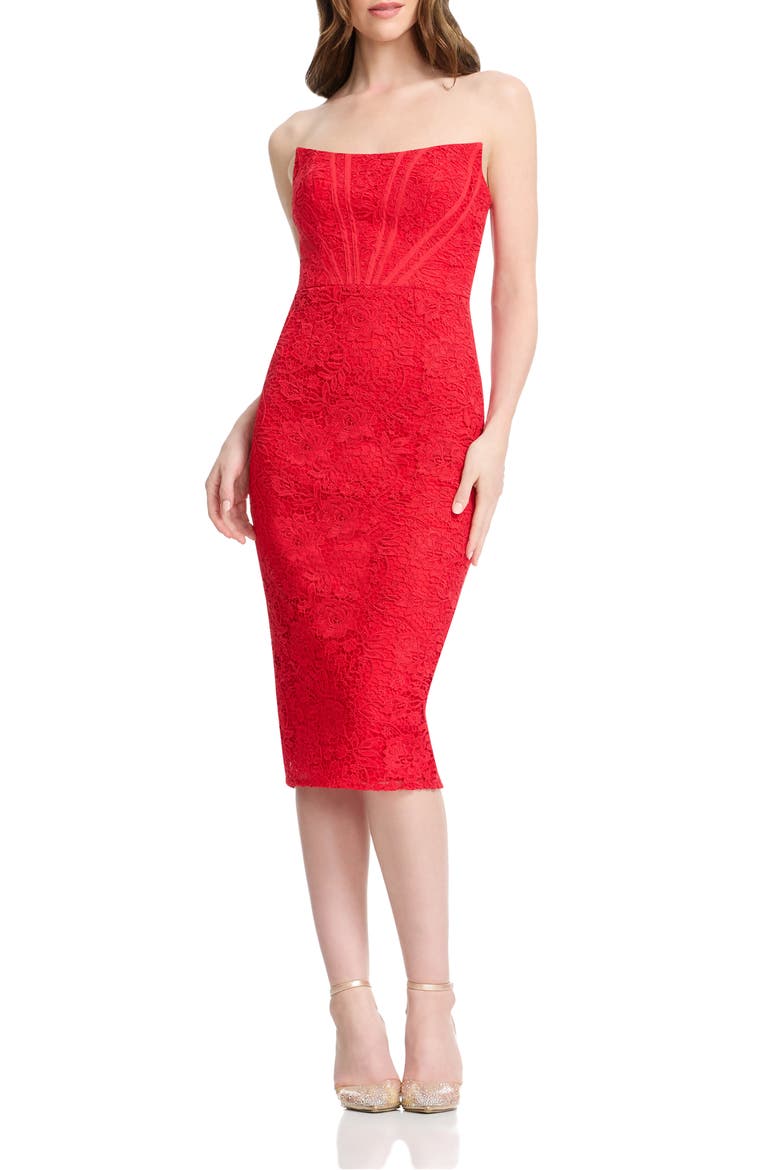 Cosette Strapless Lace Corset Cocktail Dress, Main, color, ROUGE
