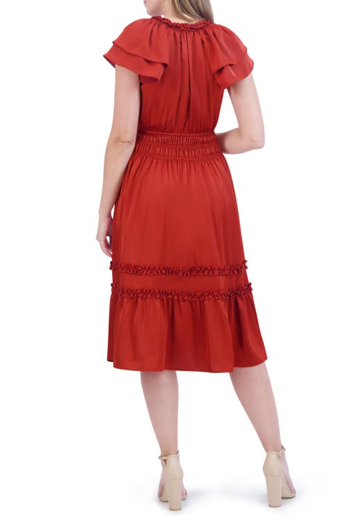ELIZA J ELIZA J TIERED RUFFLE SLEEVE TIE NECK MIDI DRESS 