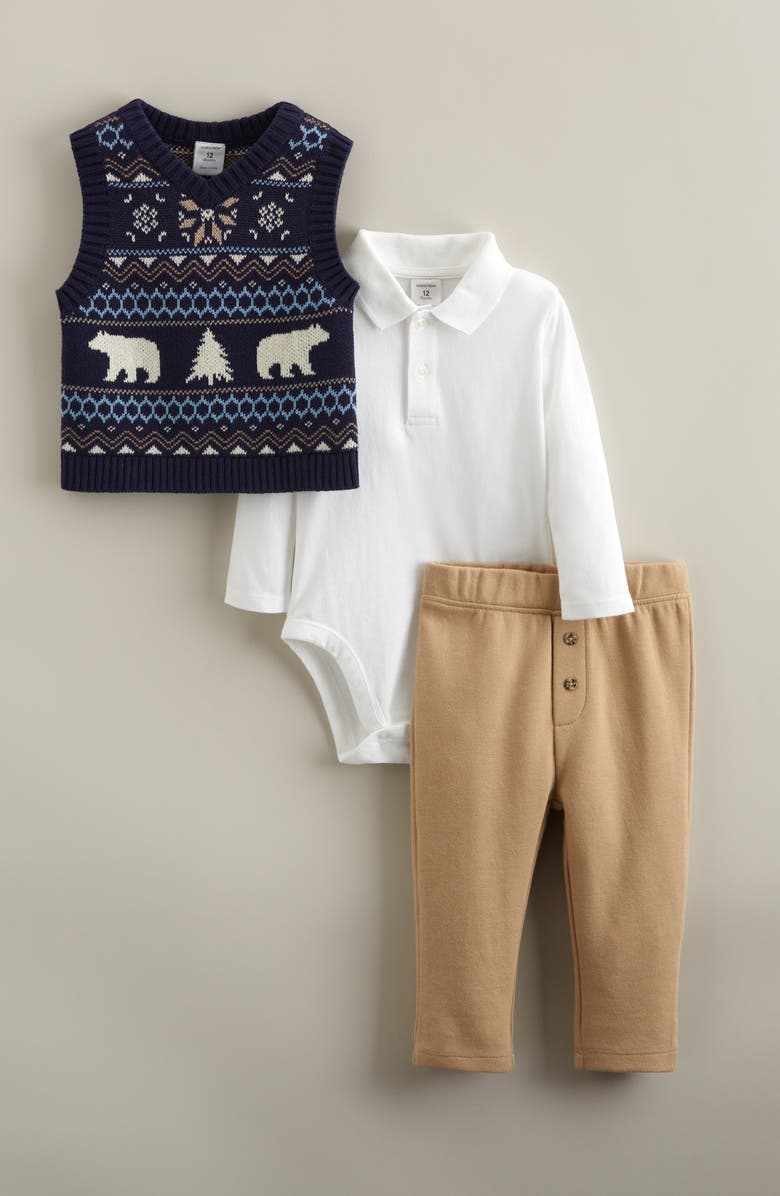 Nordstrom Fair Isle Vest, Bodysuit & Pants Set, Main, color, Navy Forest Stripe- Tan Stock