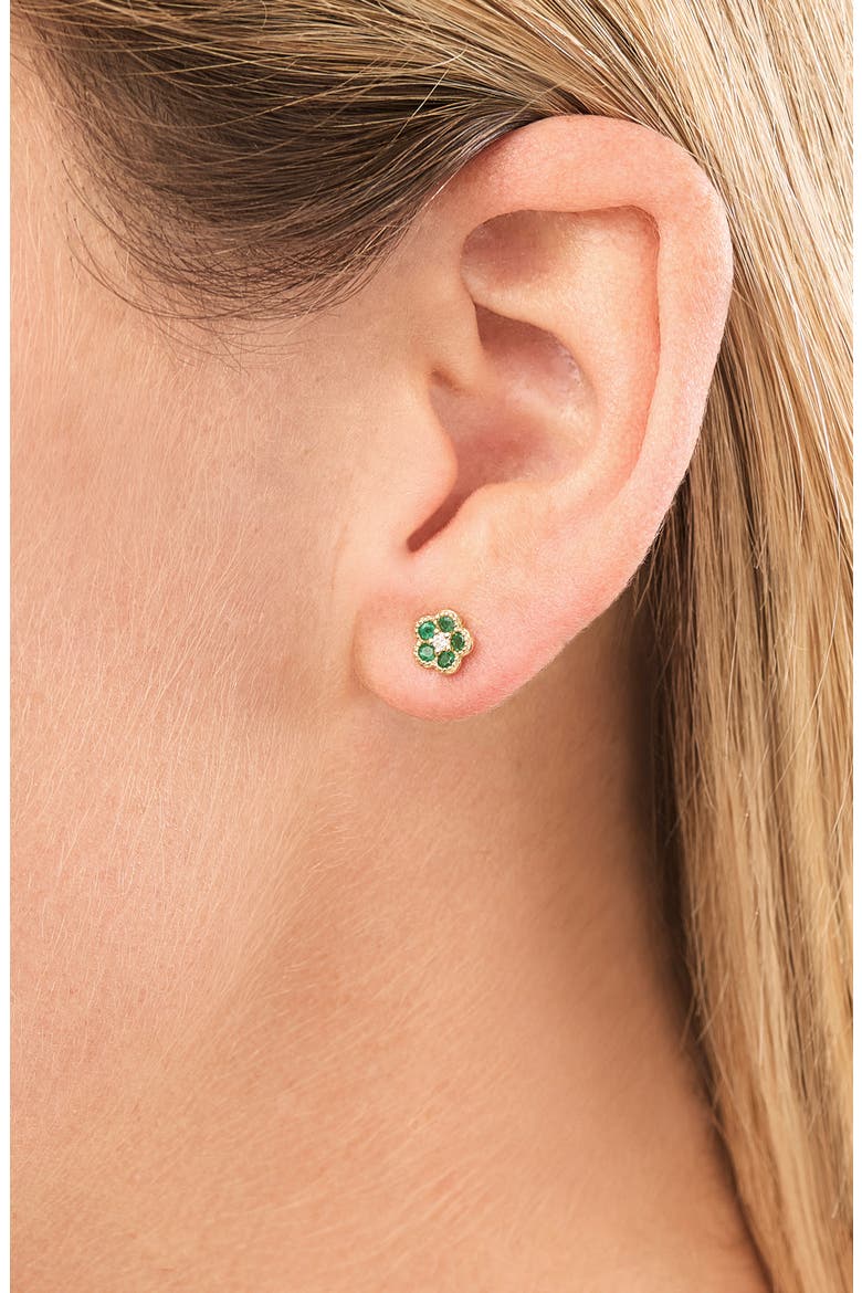 El Mar Diamond & Gemstone Flower Stud Earrings (Online Trunk Show), Alternate, color, 18K YELLOW GOLD/ EMERALD