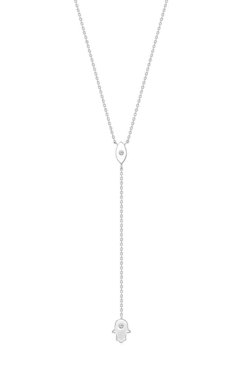 Karma and Luck Forever Blessed Hamsa & Evil Eye Charm Silver Necklace, Main, color, Silver/White