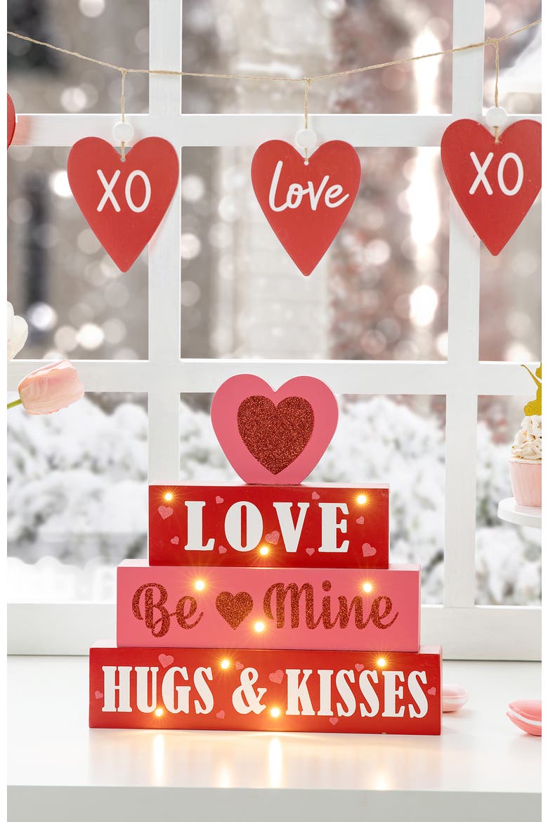 11.25"H Lighted Valentine's Wooden Block Table Sign, Alternate, color, Red
