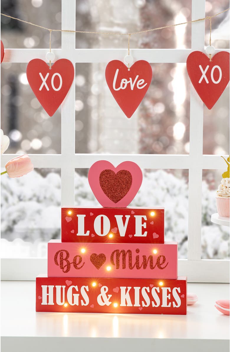 Glitzhome 11.25"H Lighted Valentine's Wooden Block Table Sign, Alternate, color, Red