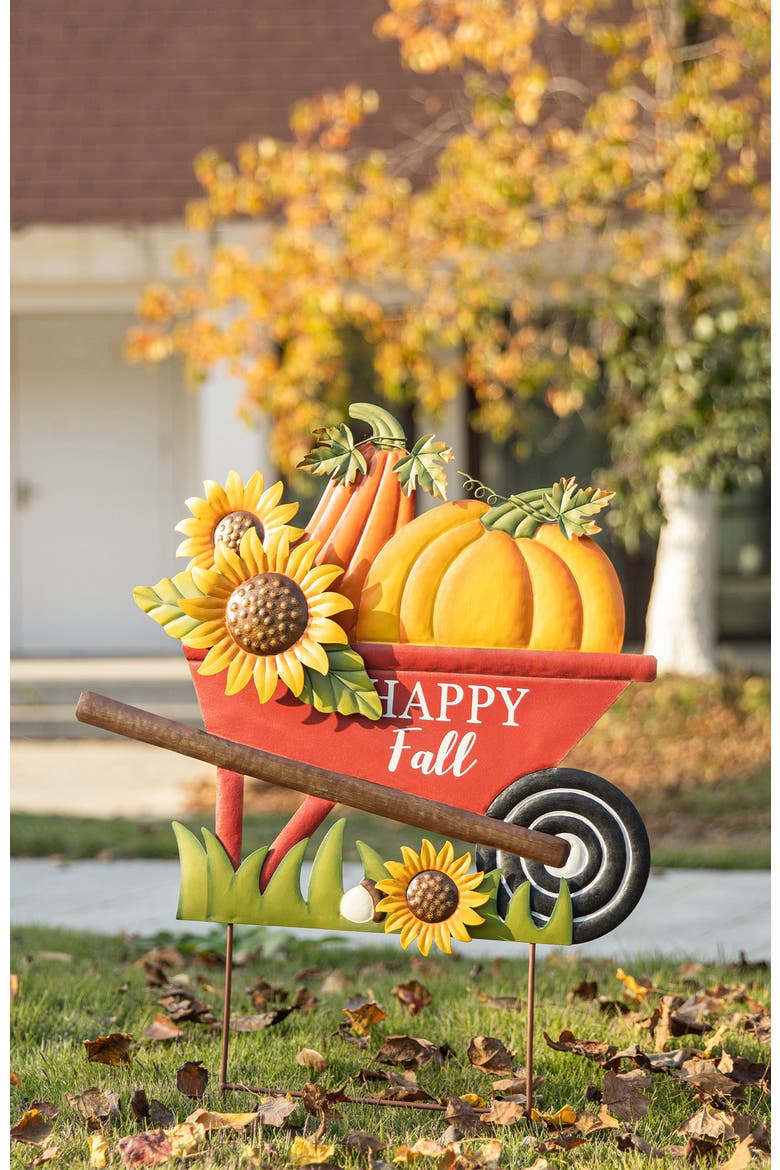 Fall Metal Wheel Barrow Pumpkin Yard Stake, Alternate, color, Orange