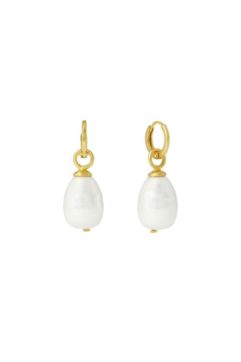 Ava Pearl Drop Huggie Earrings, Main, color, Brass