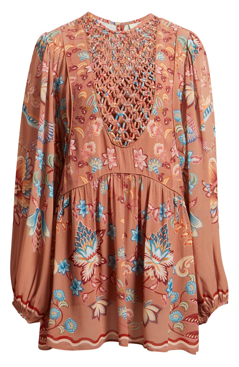 FARM Rio Boho Enchance Long Sleeve Floral Minidress, Alternate, color, Boho Enchance Mocha