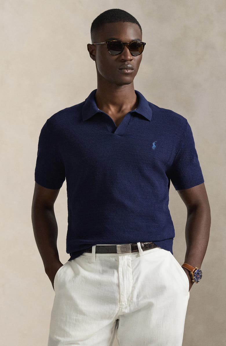 Polo Ralph Lauren Textured Seed Stitch Cotton & Linen Polo, Alternate, color, Bright Navy/ Deckwash White