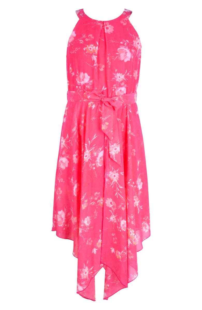 Zunie Kids' Floral Chiffon Handkerchief Hem Dress, Main, color, Watermelon