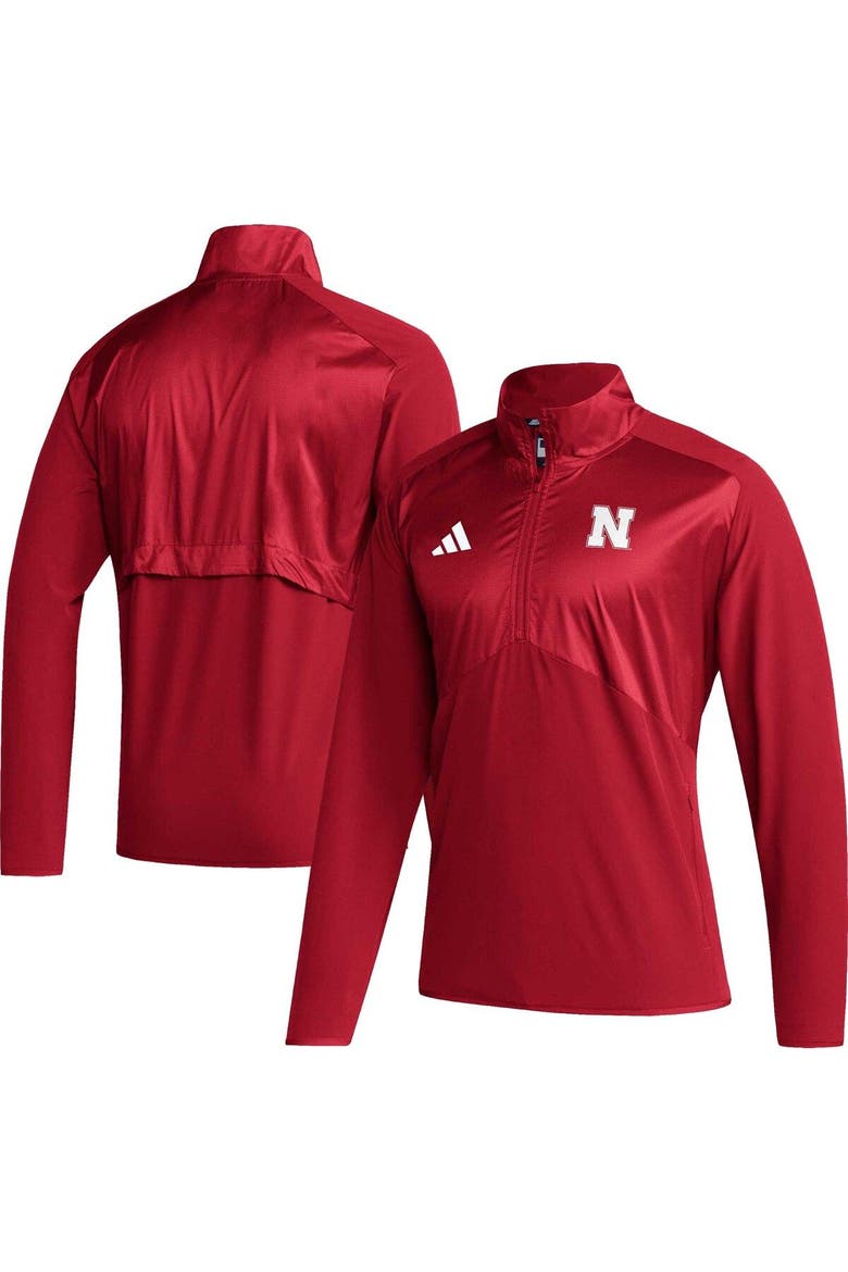 Men's adidas Scarlet Nebraska Huskers Sideline AEROREADY Raglan Sleeve Quarter-Zip Jacket, Main, color, Scarlet