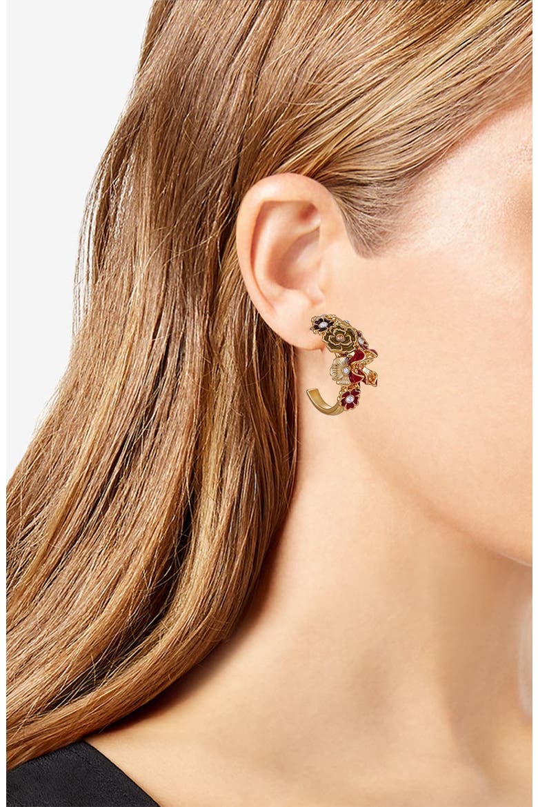 Crystal Enamel Flower Hoop Earrings, Alternate, color, GOLD TONE