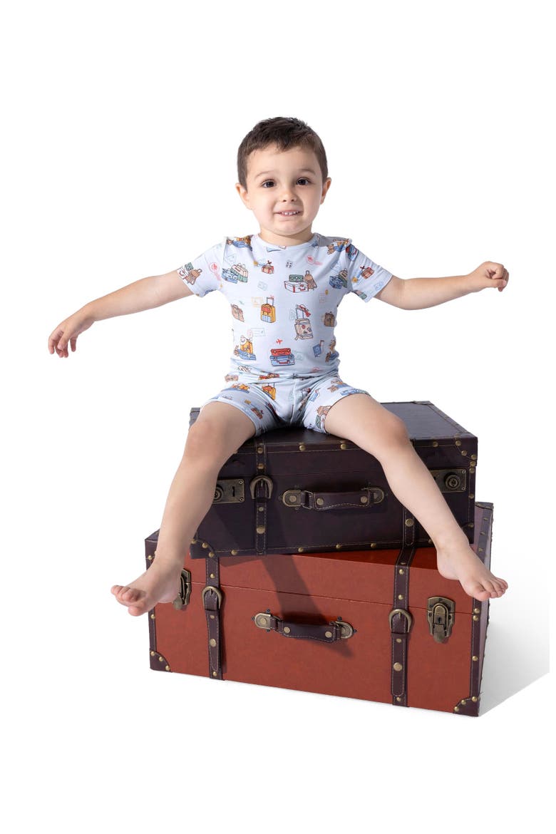 Vintage Suitcases Kids 2-Piece Short Sleeve & Shorts Pajama Set, Alternate, color, Vintage Suitcases