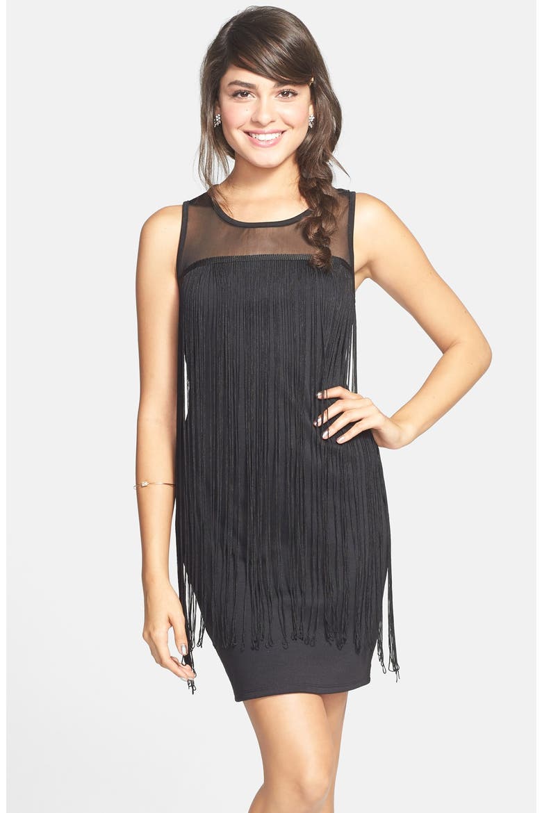Fringe Illusion Body-Con Dress, Main, color, BLACK