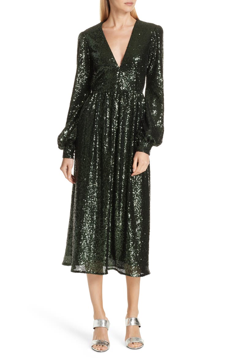 Camille Sequin Midi Dress, Main, color, DARK GREEN