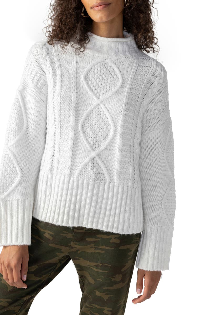 Sanctuary Warm Up Cable Funnel Neck Sweater, Alternate, color, Creme