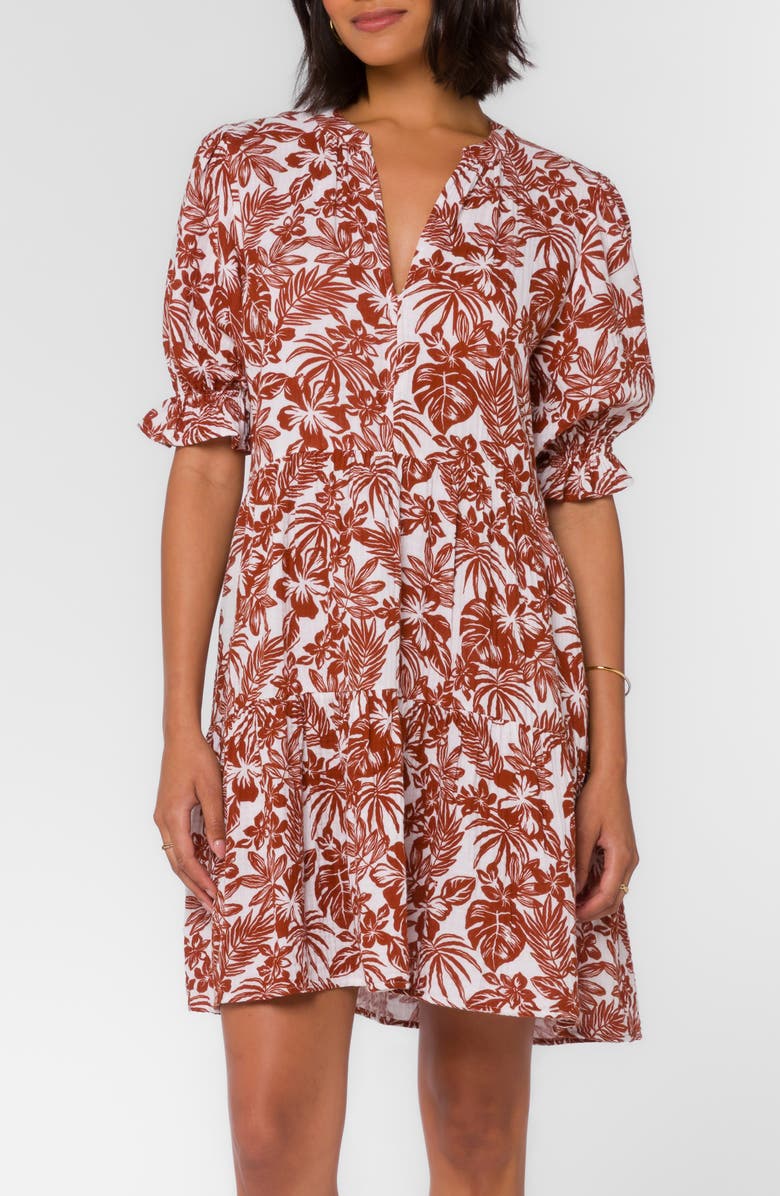 VELVET HEART Tropical V-Neck Puff Sleeve Tiered Minidress, Main, color, 