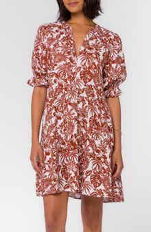 VELVET HEART Tropical V-Neck Puff Sleeve Tiered Minidress