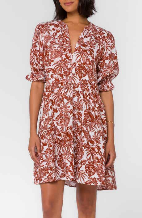 VELVET HEART Tropical V-Neck Puff Sleeve Tiered Minidress