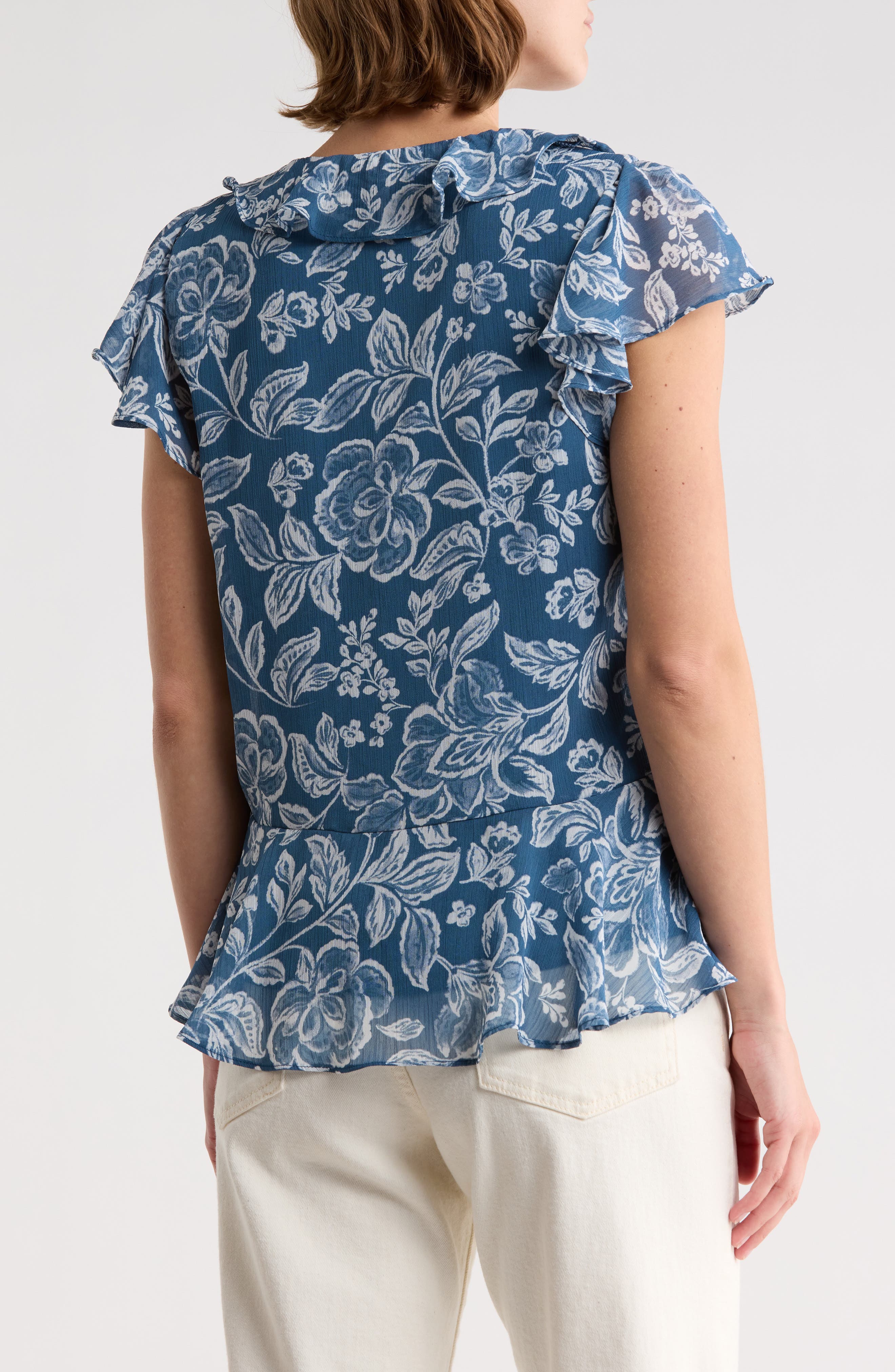 Floral Flutter Sleeve Ruffle Peplum Top - image 4