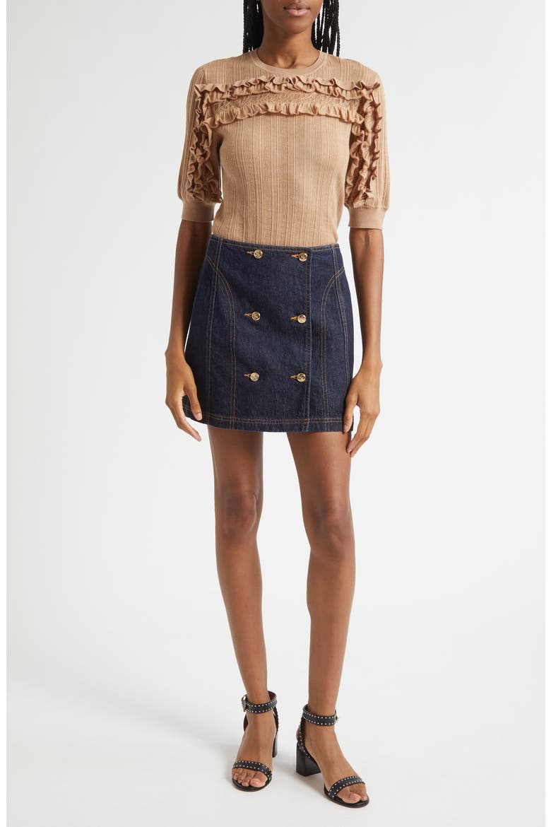 Salima Ruffle & Lace Merino Wool Sweater, Alternate, color, CAMEL MELANGE