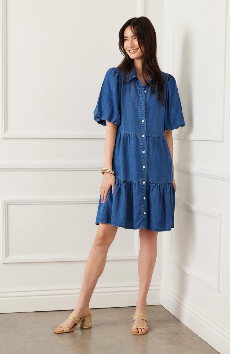 Karen Kane Tiered Puff Sleeve Chambray Shirtdress, Alternate, color, Chambray