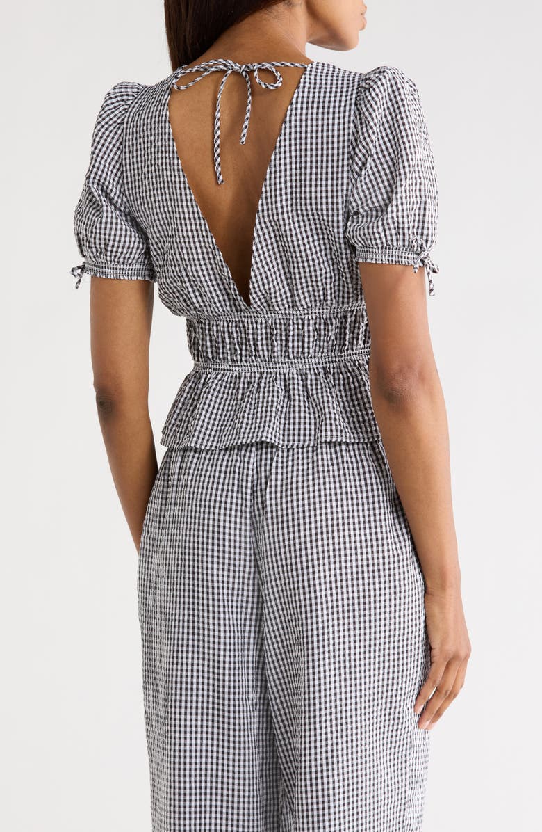 WAYF Gingham Short Sleeve Tie Front Top, Alternate, color, Black Seersucker