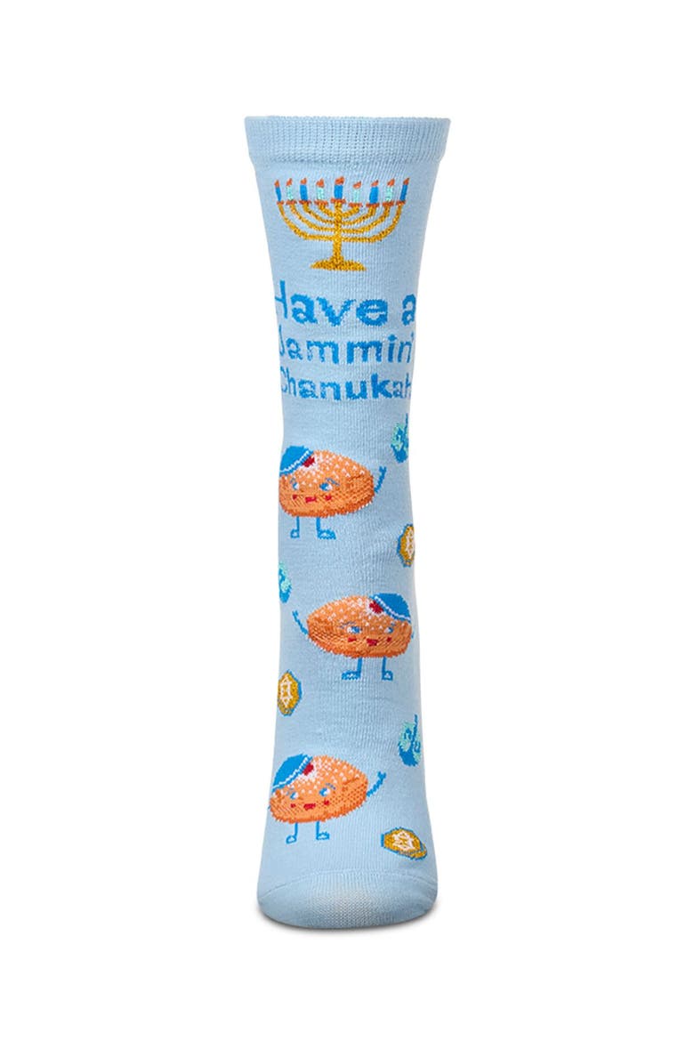 Big Kid's Have A Jammin' Chanukah" Greeting Card Novelty Crew Socks, Alternate, color, Light Blue