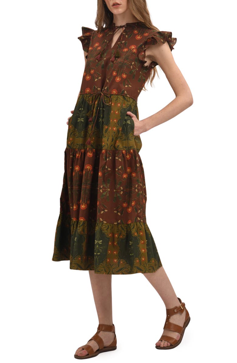 Celina Moon Woodland Floral Long Sleeve Midi Dress, Alternate, color, Green