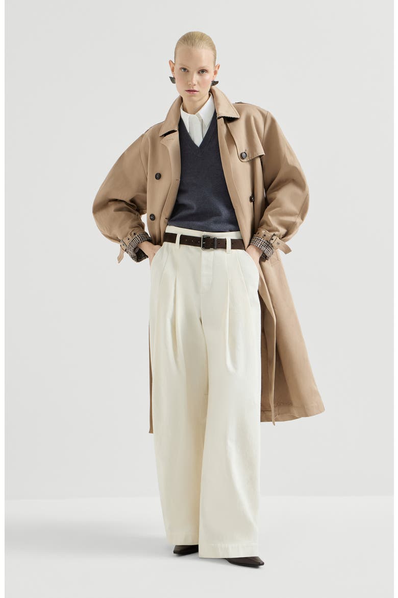 Cotton and linen twill trench with monili, Alternate, color, Camel