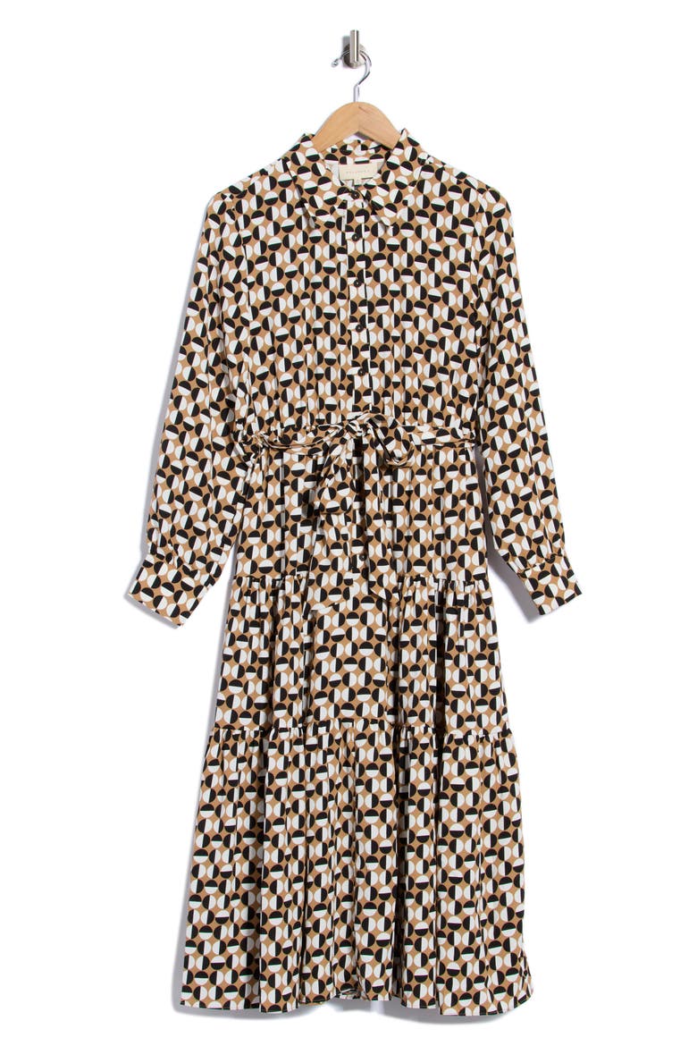 Tiered Long Sleeve Shirtdress, Alternate, color, TAN BLACK/BONE GEO