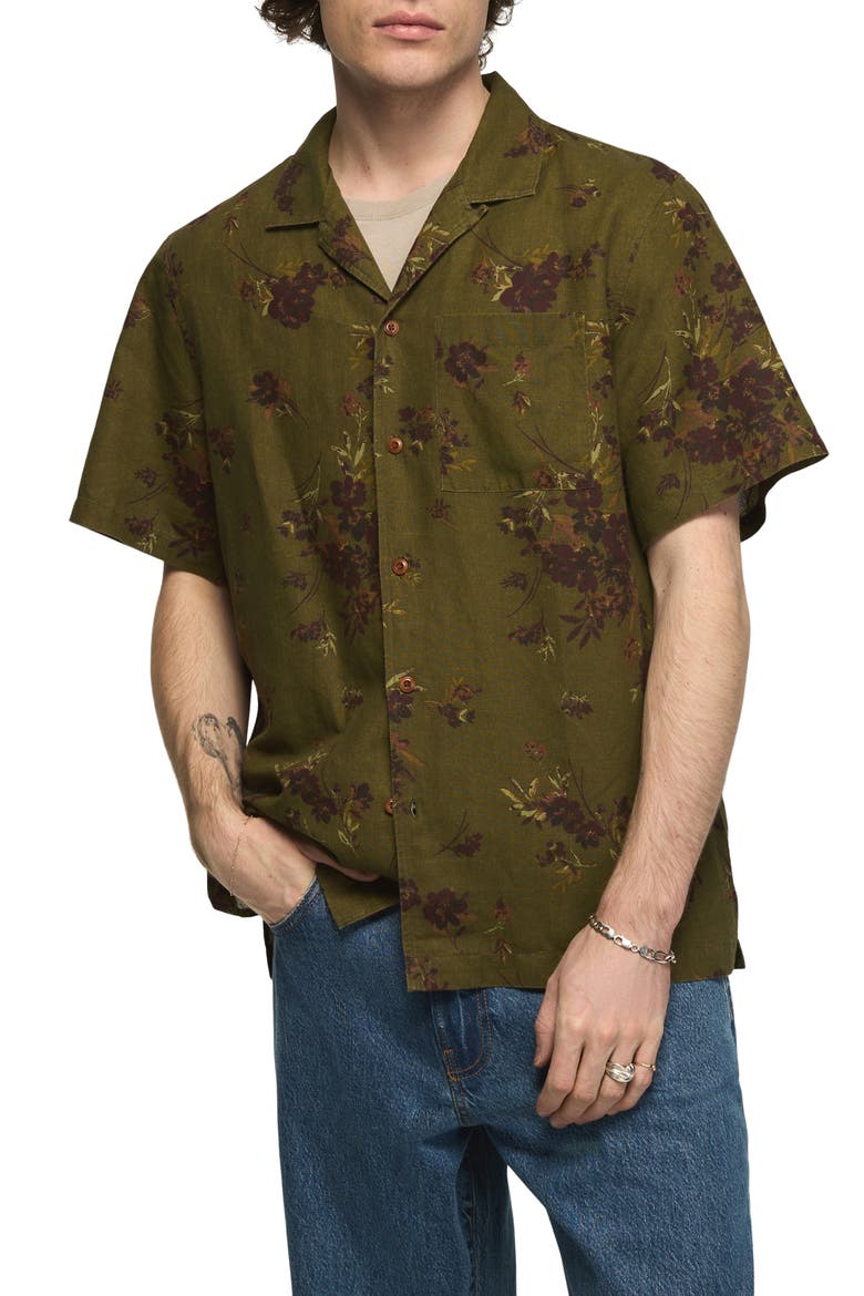 Printed Linen and Cotton Camp Shirt, Main, color, OLIVE PRINT
