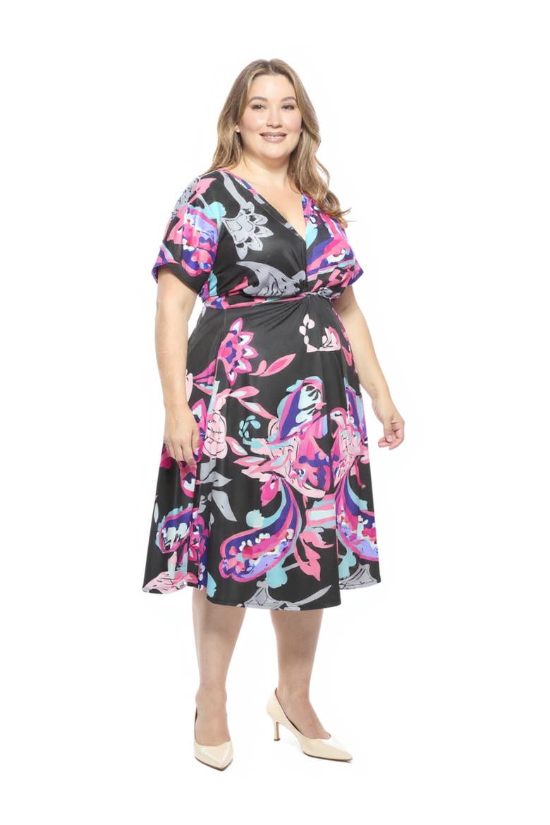 Plus Size Paisley V-Neck Dolman Sleeve Twist Front A-Line Midi Dress, Alternate, color, Black Multi