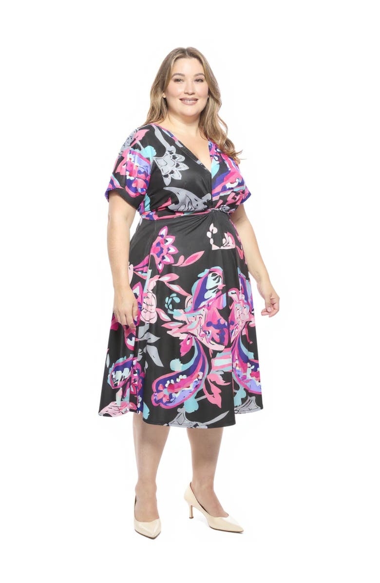 24seven Comfort Apparel Plus Size Paisley V-Neck Dolman Sleeve Twist Front A-Line Midi Dress, Alternate, color, Black Multi