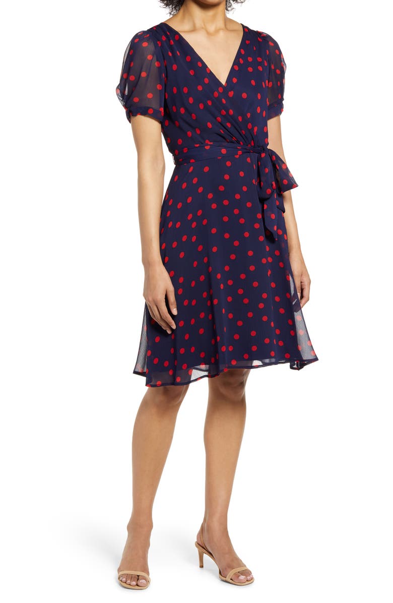 Connected Apparel Polka Dot Chiffon Dress, Main, color,