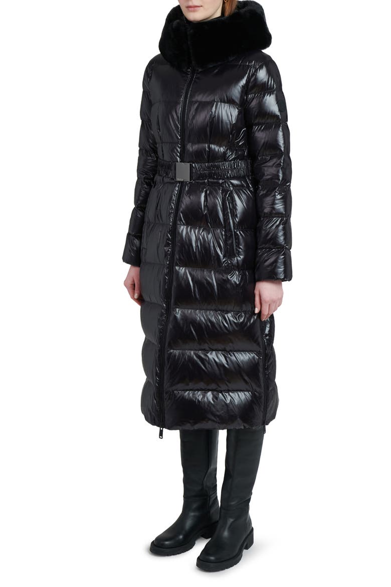 Lexi Water Resistant Hooded Nylon Down Puffer Coat with Faux Fur Trim, Alternate, color, BLACK