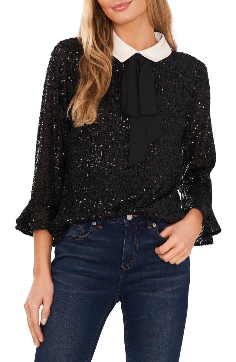 CeCe Pussy Bow Sequin Blouse, Main, color,