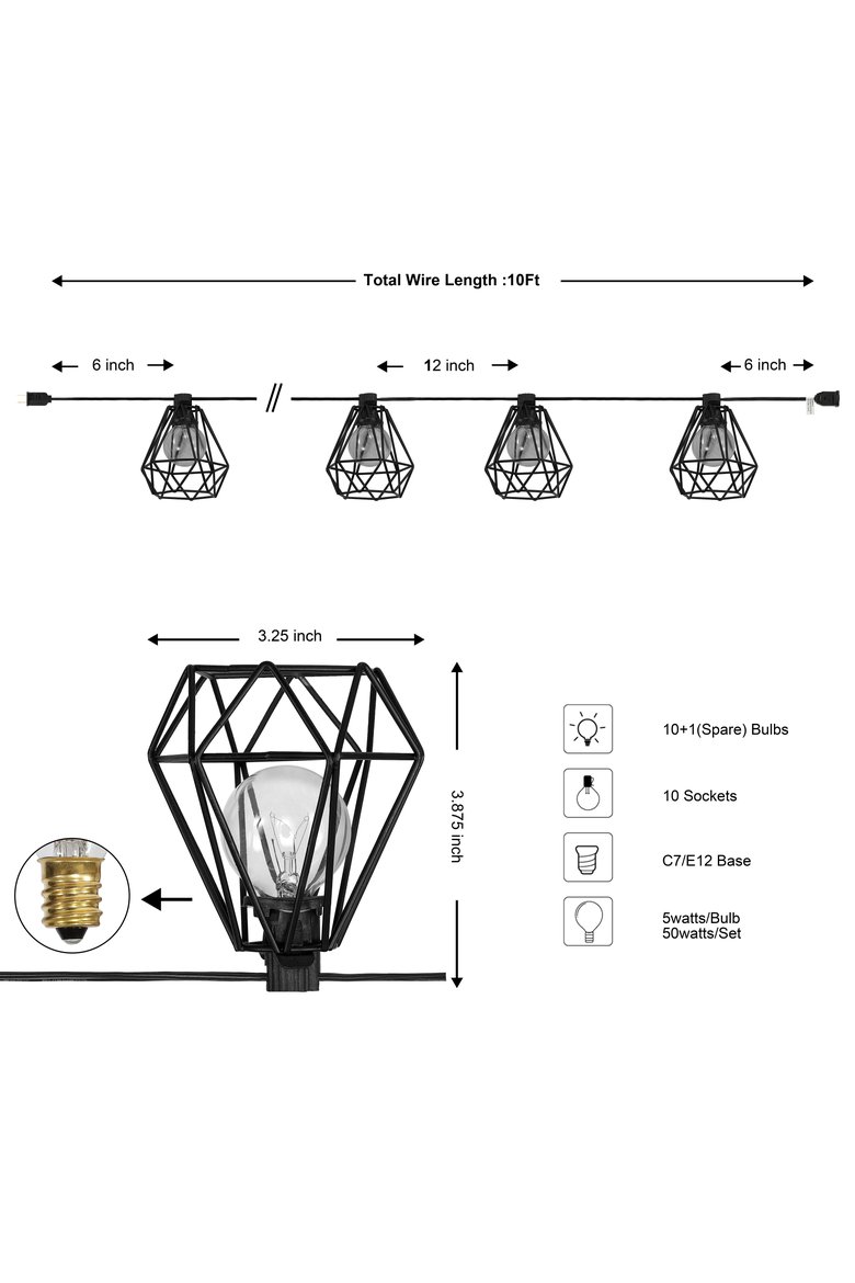 10-Light Indoor/Outdoor Contemporary Transitional Incandescent G40 Diamond Cage String Lights, Alternate, color, Black