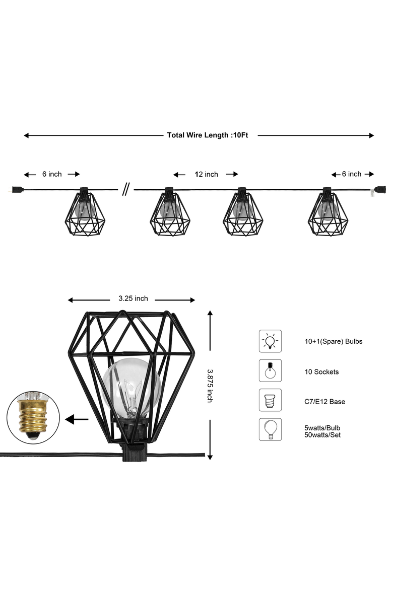 JONATHAN Y 10-Light Indoor/Outdoor Contemporary Transitional Incandescent G40 Diamond Cage String Lights, Alternate, color, Black