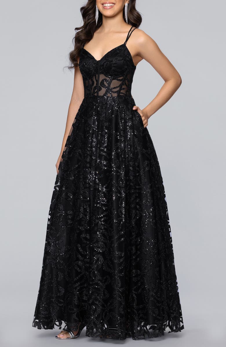 Blondie Nites Strappy Illusion Bodice Ballgown, Alternate, color, Black