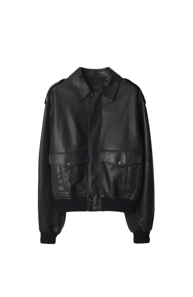 Burberry Leather Bomber Jacket, Alternate, color, Black