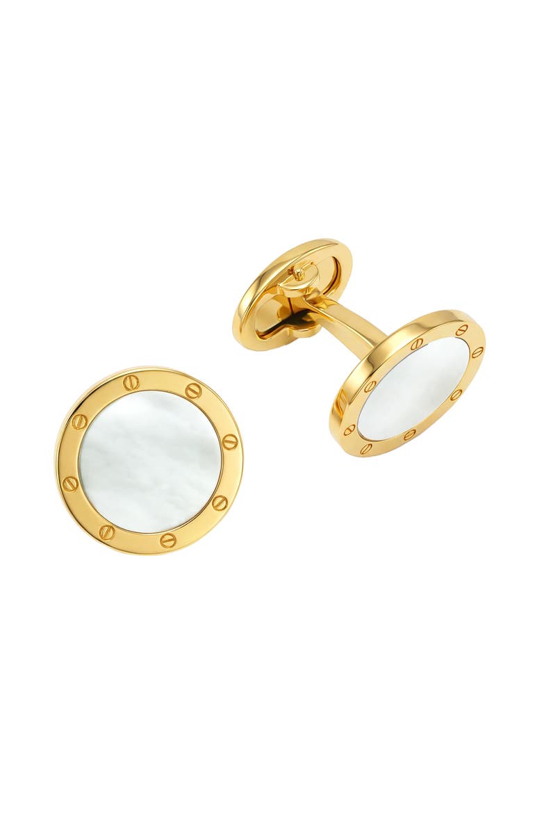 Rivet Etch Gemstone 18 Karat Gold Cufflinks, Main, color, Black