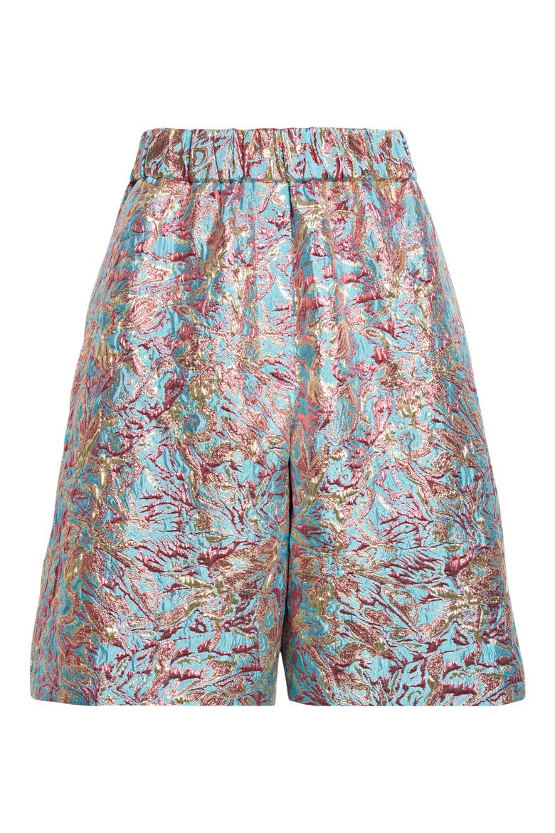 Metallic Floral Jacquard Wide Leg Shorts, Alternate, color, TURQUOISE