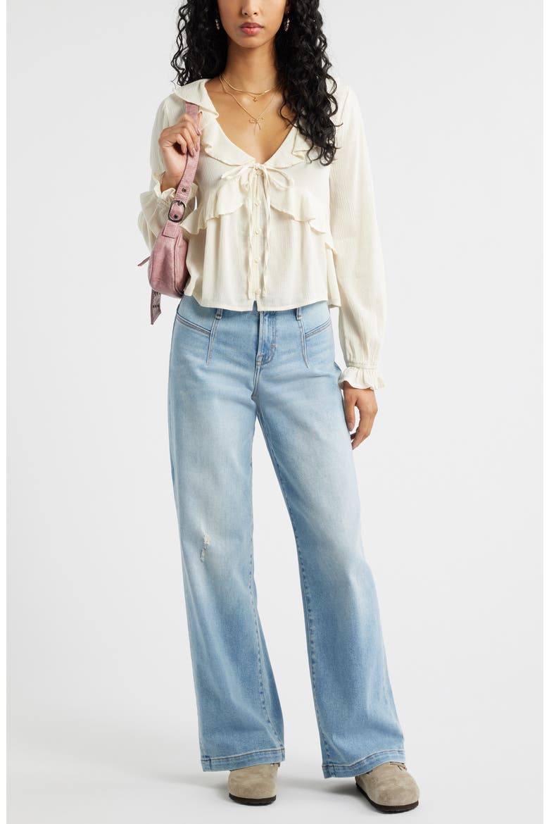 Ruffle Tie Neck Button-Up Shirt, Alternate, color, IVORY DOVE