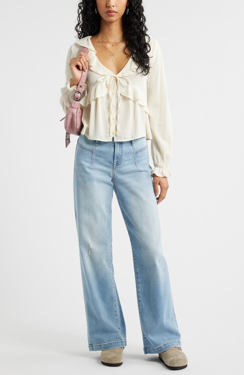 BP. Ruffle Tie Neck Button-Up Shirt, Alternate, color, Ivory Dove