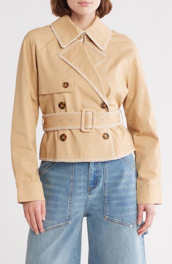 Avec Les Filles Blanket Stitch Cropped Trench Coat In Sand