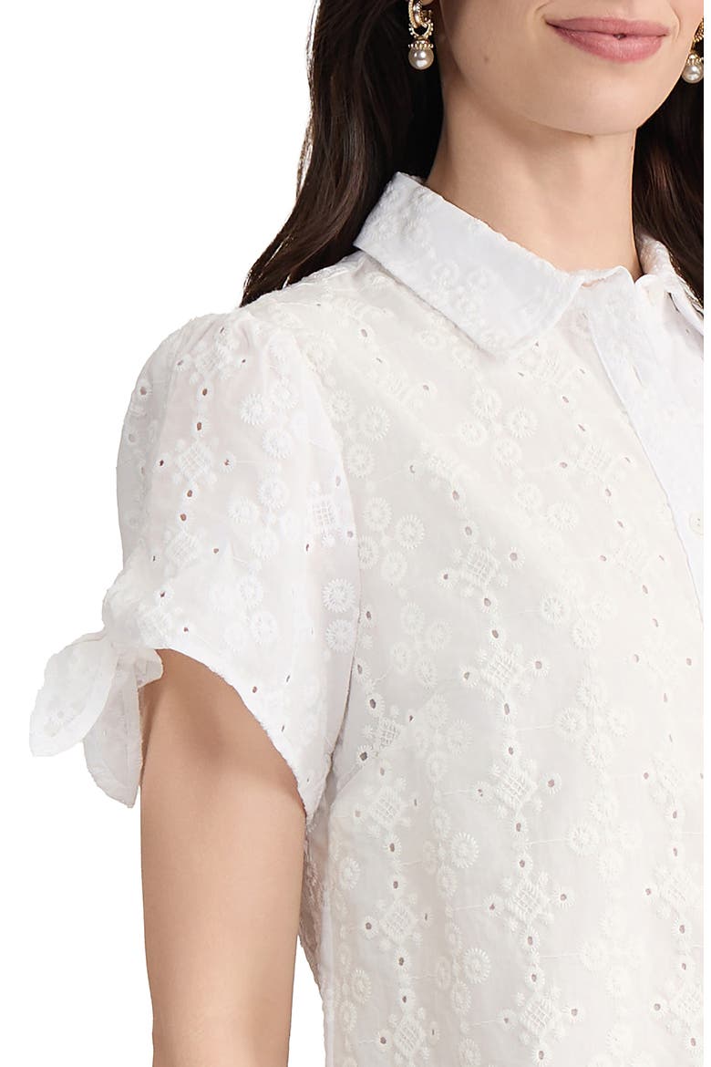 Tie Sleeve Eyelet Embroidered Cotton Button-Up Shirt, Alternate, color, NATURAL WHITE