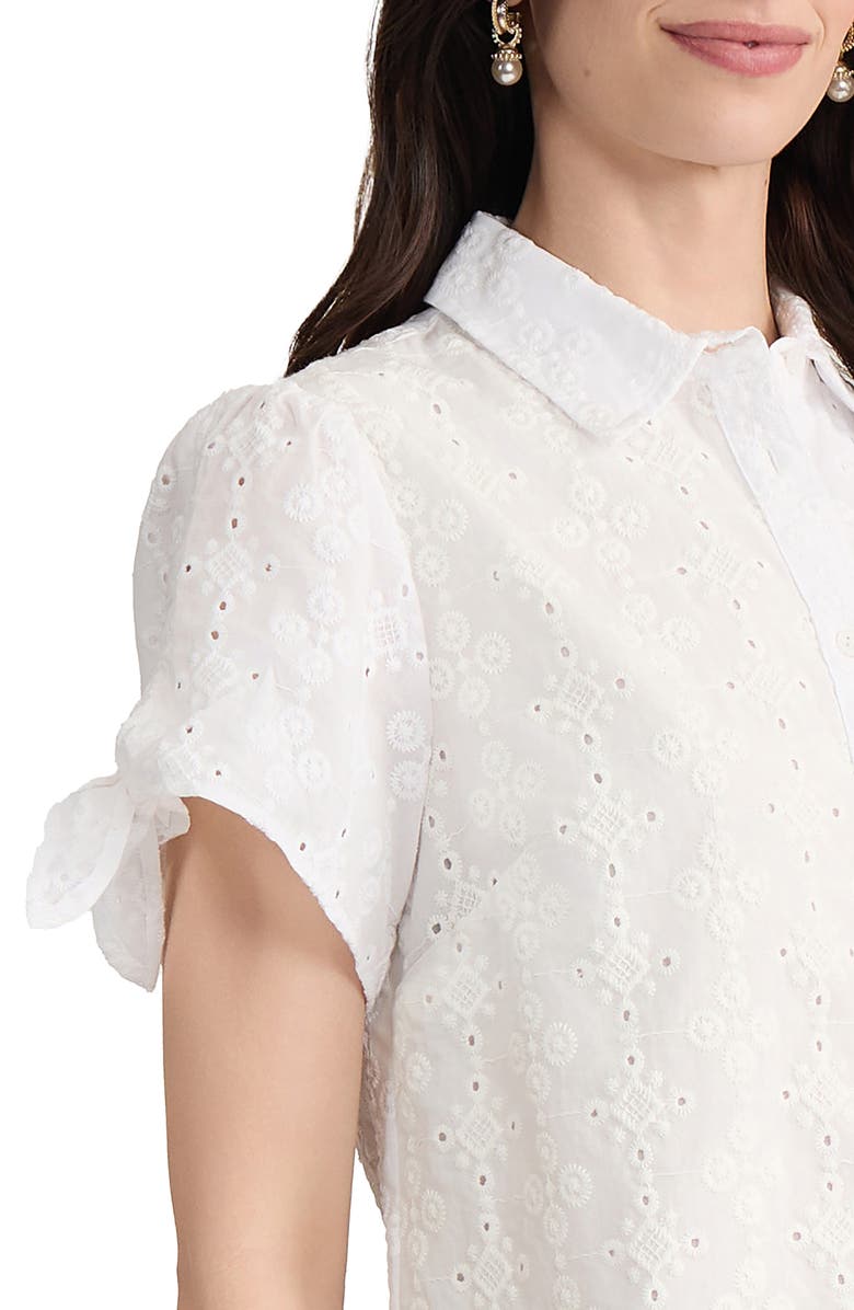 Jones New York Tie Sleeve Eyelet Embroidered Cotton Button-Up Shirt, Alternate, color, Natural White