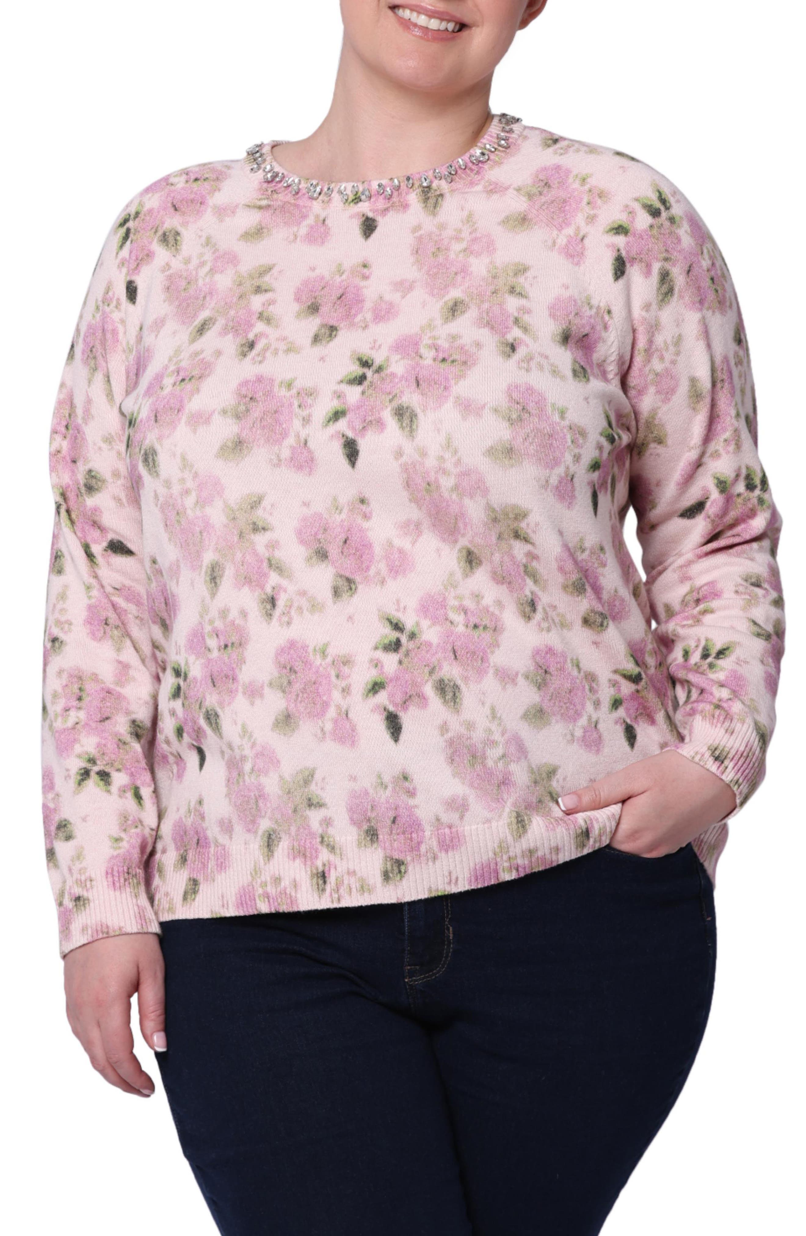 MINNIE ROSE Rhinestone Embellished Crewneck Cotton & Cashmere Sweater in Lotus Combo 